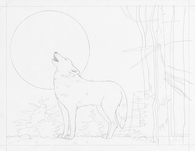 Finally, color in your drawing. Next, draw the body by adding a rectangle for the torso and two triangles for the legs. To draw a wolf, start by drawing a circle for the head and adding the facial guidelines. Then, add the details like the fur, ears, and nose.