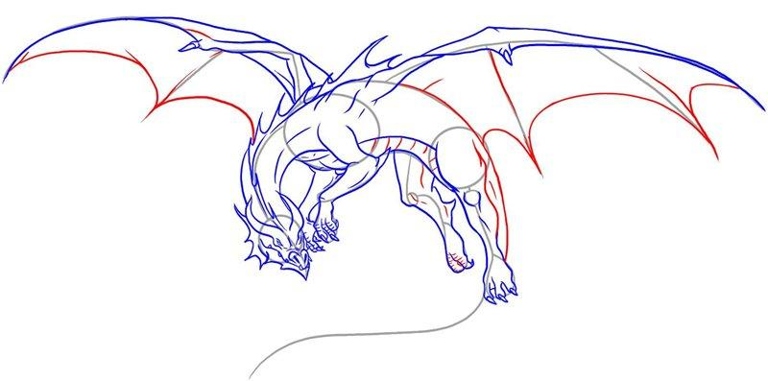 First, sketch a light frame of the dragon using pencil. Then, add the dragon's eyes, neck, and body. Finally, draw the dragon's wings, claws, and tail. Next, begin to draw the dragon's head, using a basic shape for the nose and mouth.