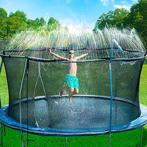 Sprinklers are a great way to keep cool while playing on the trampoline.