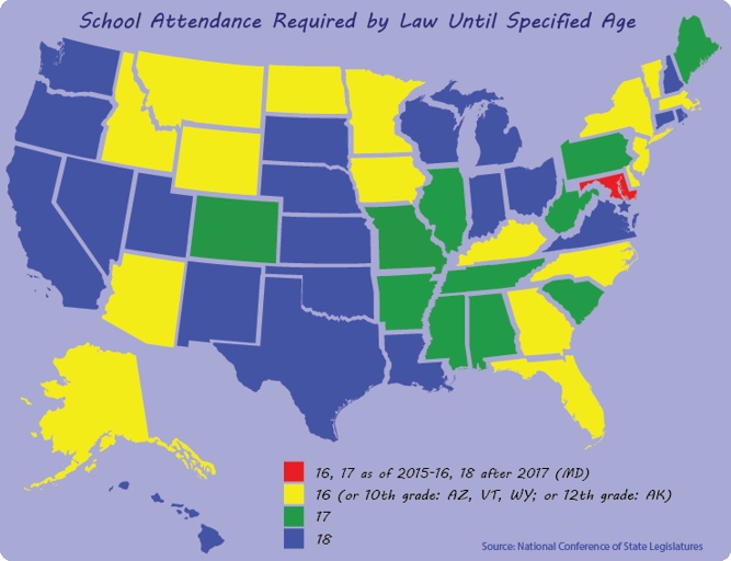 The legal age to drop out of high school is usually between 16 and 18, but each state has different laws.