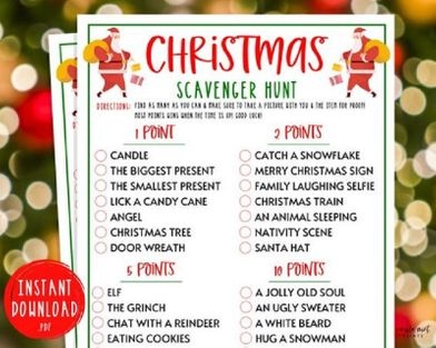 The person with the most points at the end of the game wins. One way to do a Christmas scavenger hunt is to have a list of items for the players to find, with each item being worth a certain number of points.