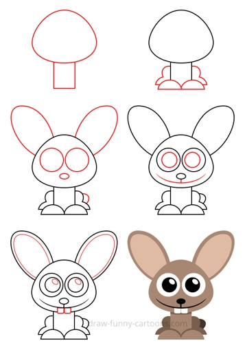 Then, add a rectangle for the body and two oval shapes for the legs. To draw a cute bunny, start by drawing a circle for the head and two smaller circles for the ears. Finally, draw two triangles for the feet and a curved line for the tail.