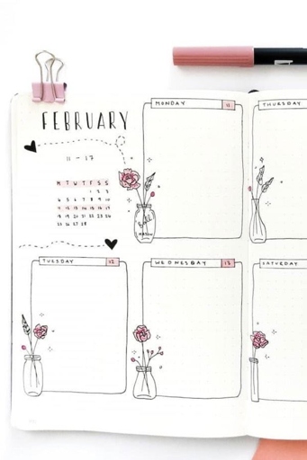 This bullet journal weekly spread features gorgeous flowers in a simple design.