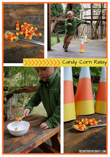 This is a simple game that can be played with candy corn and water bottles.