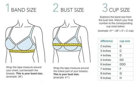 To calculate your cup size, measure around your chest at the fullest part and subtract your band size.