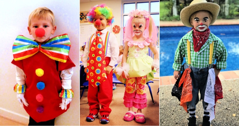 To make a cute clown costume, all you need is a red nose, some face paint, and a colorful outfit.