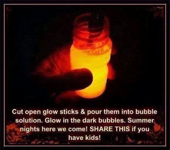To make your own glow in the dark bubbles, simply add a highlighter to the bubble mixture!